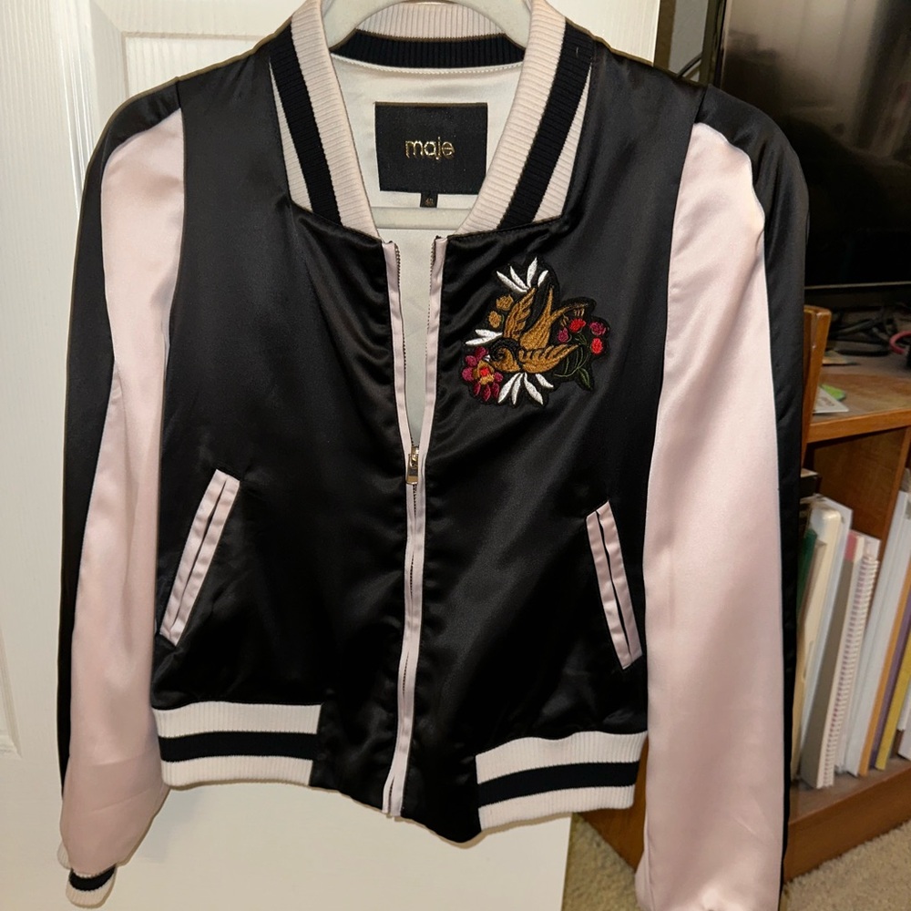 Maje embroidered satin bomber jacket sz 40